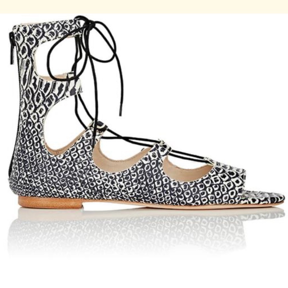 LOEFFLER RANDALL Dani Embossed Leather Lace-Up Flat Sandals Size 6.5 NWT